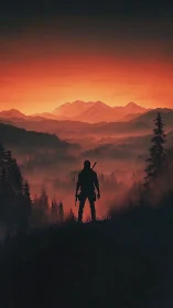 Silhouetted armed figure overlooking misty red forest valley.