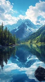 Snowcapped alpine peaks mirrored in vivid mountain lake.