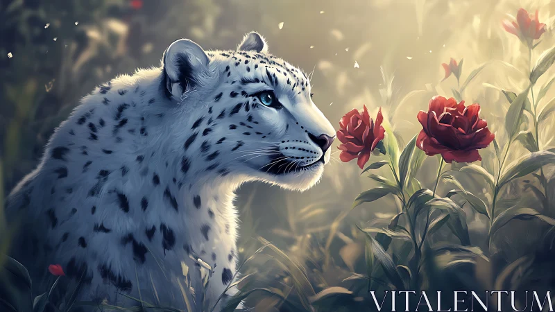 Snow leopard profile in misty garden with red roses at dawn
