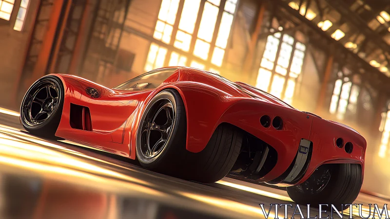 Sunlit red supercar resting in a golden industrial loft.