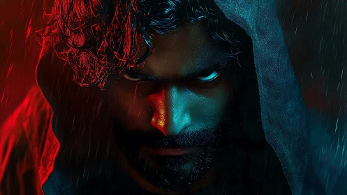 Hooded male portrait in high-contrast red cyan cinematic lighting