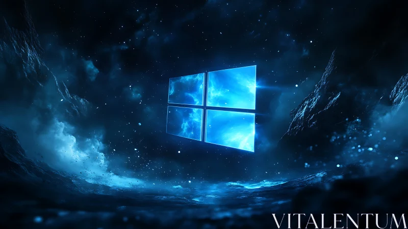 Glowing window logo floats in a dark, blue-toned space