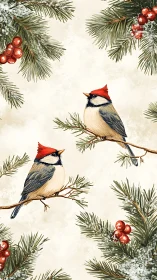 Red-crested songbirds on snow-frosted conifer branches pattern.