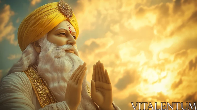 Digital painting of serene spiritual guru against sunset sky.