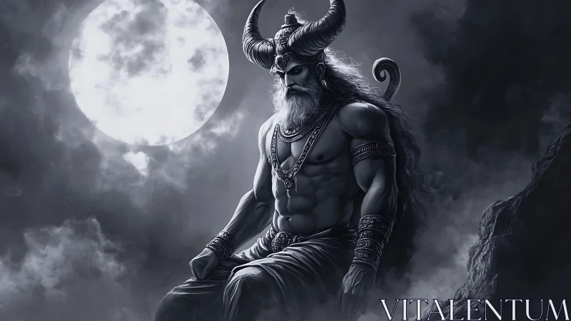Horned mythic warrior seated under full moonlight.