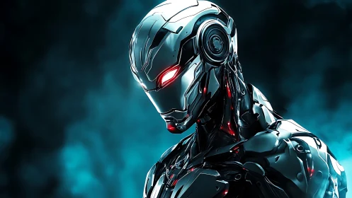 Futuristic combat android glows ominously in teal mist