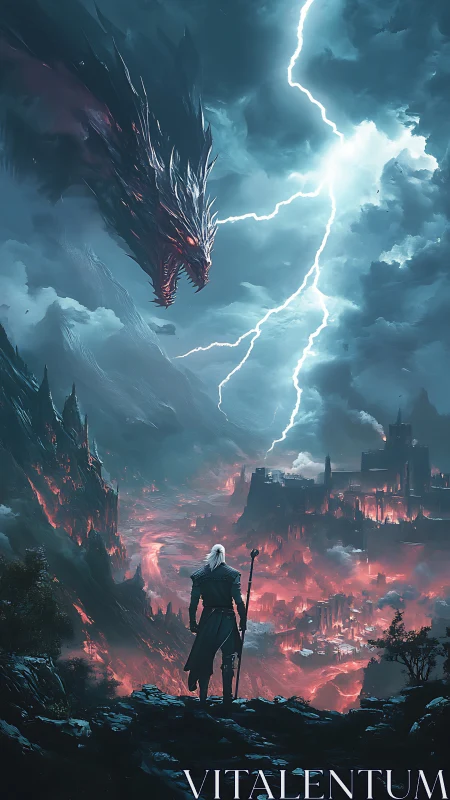 Warrior faces storm-lit dragon above burning valley.
