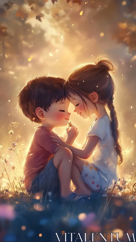 Two children sharing a tender autumn moment together