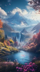 Enchanted alpine peak above luminous waterfall valley.