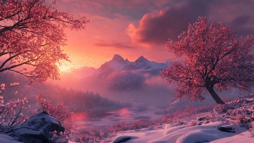 Sunlit alpine lake framed by pink blossom and snowfield.