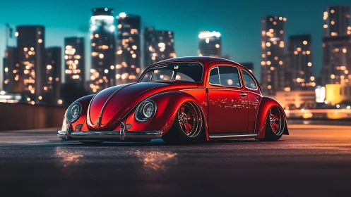 Slammed classic red Beetle gleams against neon city lights