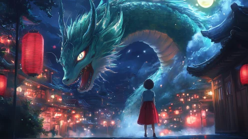 Girl confronts luminous dragon above lantern-lit night city