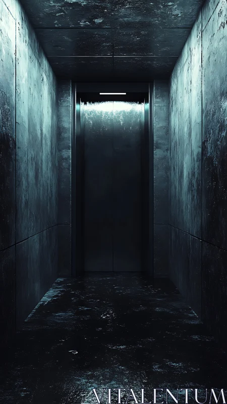 Mysterious elevator waits at the end of a dim steel corridor