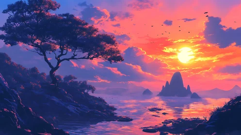 Sunlit shoreline dream with glowing sky and quiet waters.