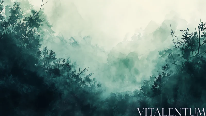 Misty Forest Dreams Unfold in Soft Green Light.