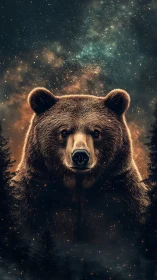 Starlit forest guardian bear glowing against embered night.