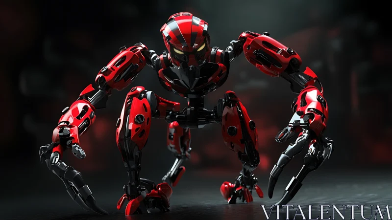 Quadrupedal red combat robot in low key studio lighting.