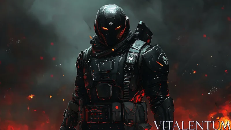 Armored futuristic soldier stands amid burning battlefield haze