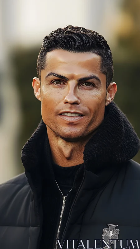 Stylized portrait of man in black winter jacket outdoors.