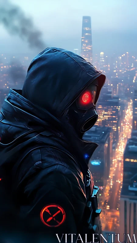 Neon-eyed watcher haunts a rain-slick cyberpunk skyline.