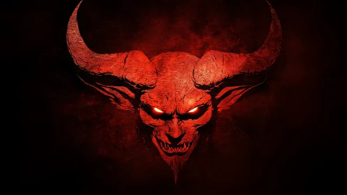 High-contrast demonic skull emblem with glowing eyes rendered in red