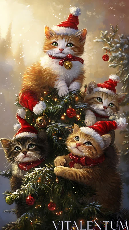 Festive Kittens Stacked on Christmas Tree with Red Hats.