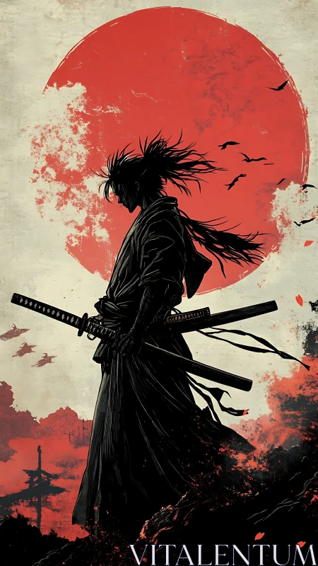 Silhouetted ronin profile before distressed crimson solar disk.