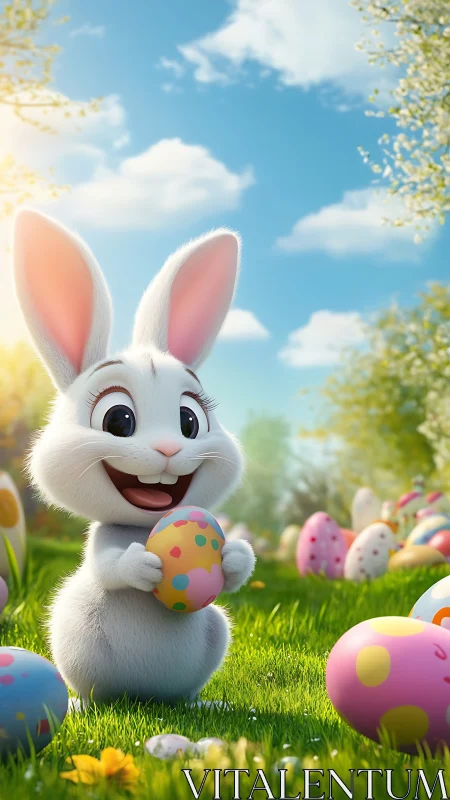 Joyful spring bunny celebrating a colorful egg hunt day.