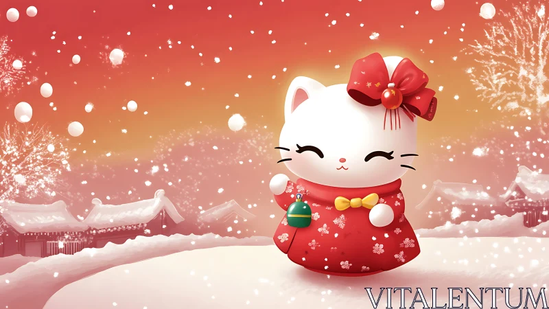 Snowy sunset kitty in red kimono welcomes winter magic.