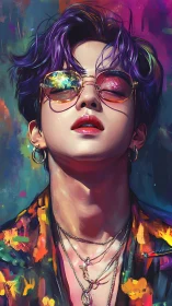 Neon dreamer in mirrored shades and prismatic city light.