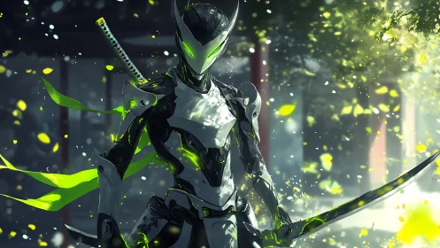 Cybernetic katana warrior rendered with luminous green energy accents