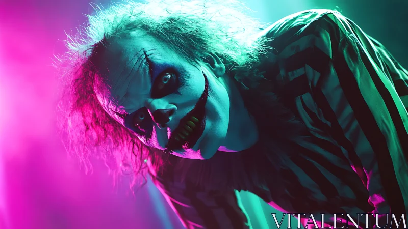 Chromatic horror portrait of neon-illuminated striped clown.