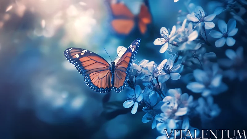 Monarch butterfly in cool blue bokeh floral environment.