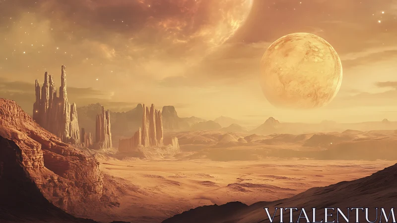 Alien desert planet with twin moons over spire canyons.