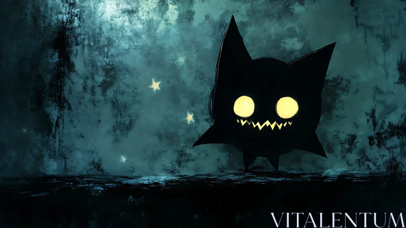 Silhouetted round creature with glowing eyes in dark setting.