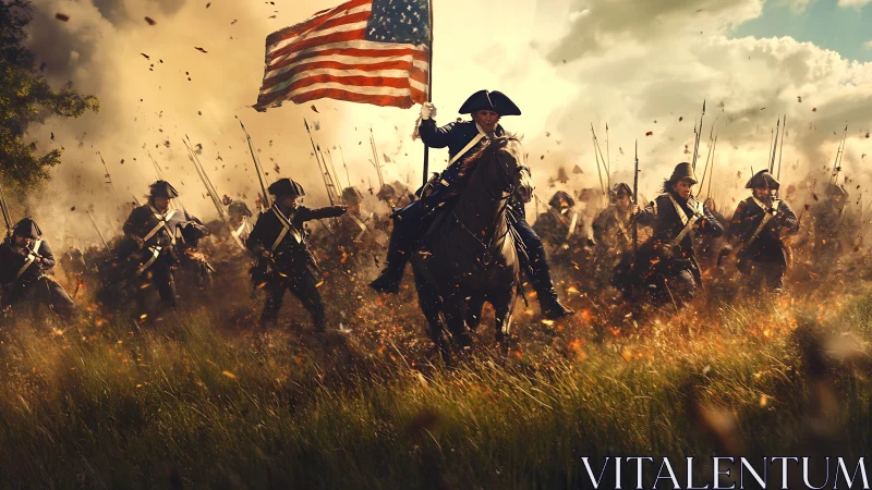 Gallant rider carries the flag through a smoky battlefield