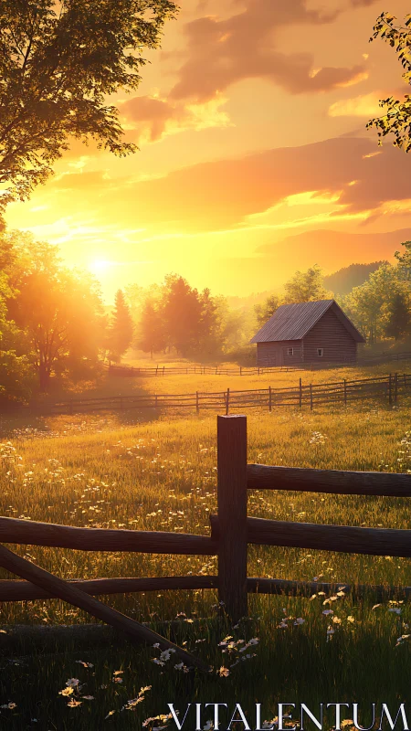 Rural meadow sunrise with volumetric light and rustic fencing.