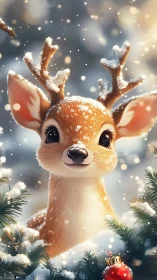 Snow-kissed baby reindeer glows in soft winter bokeh.