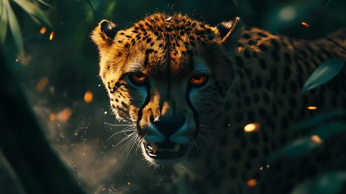Predatory cheetah portrait with dramatic bokeh and low key lighting