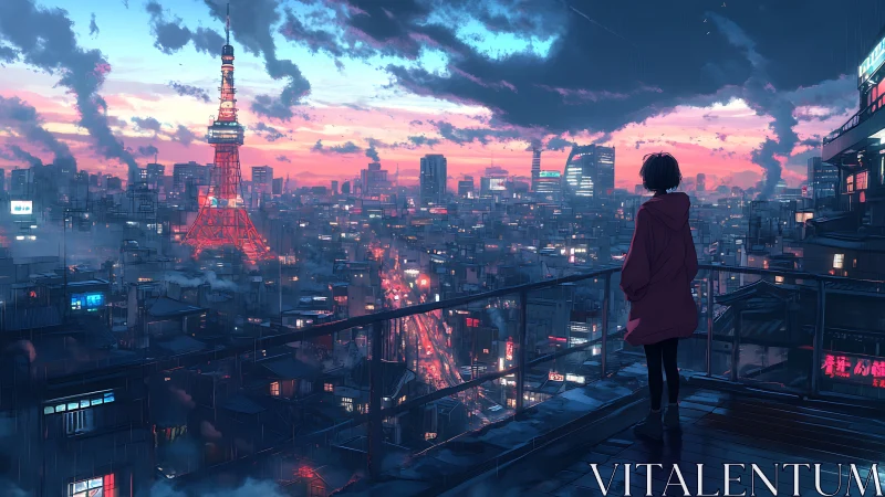 Digital cityscape at dusk with solitary rooftop observer.