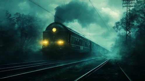 Midnight train glows softly as it journeys through deep fog