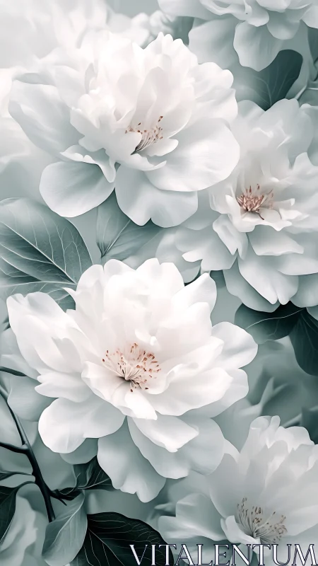 Hyperrealistic Botanical Study Rendering White Peonies with Translucent Petal Layering