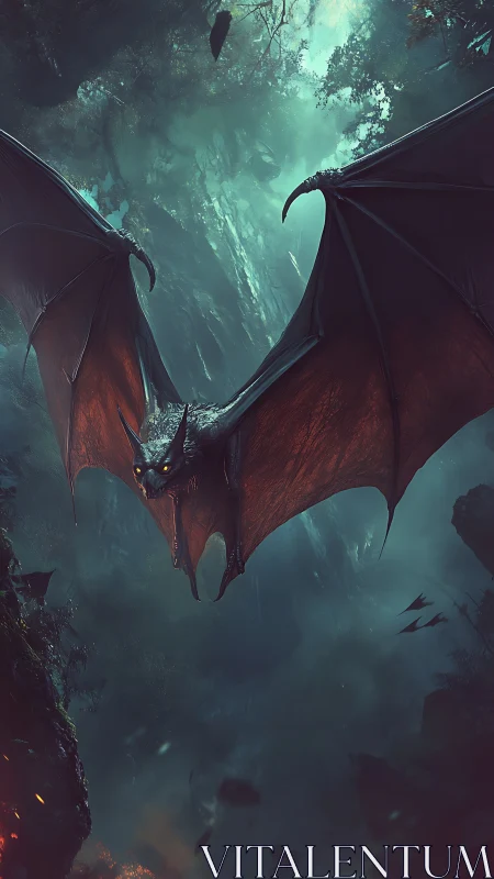 Winged demon bat creature flies through misty forest gorge