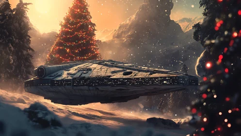 Spaceship hovering in snowy forest with lit Christmas tree.