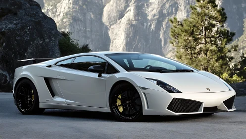 White mid‑engine supercar with angular bodywork in alpine gorge.