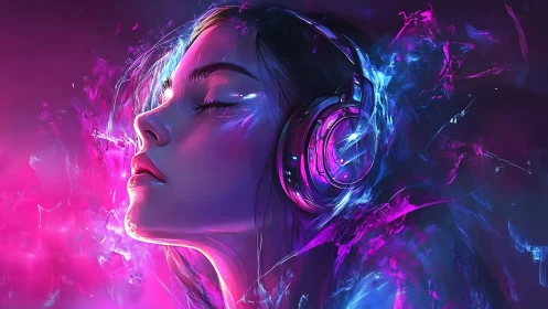 Dreamy neon listener drifts into a glowing music universe