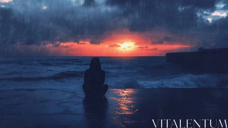 Silhouetted figure on wet shoreline at sunset in rain.