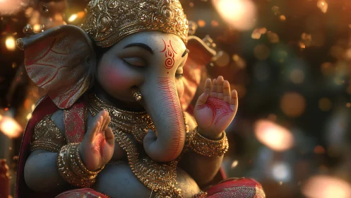 Ornate 3D Ganesh idol rendered with cinematic depth of field