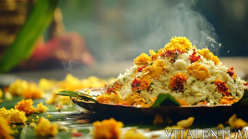 Floral offering mound on banana leaf with drifting incense smoke.