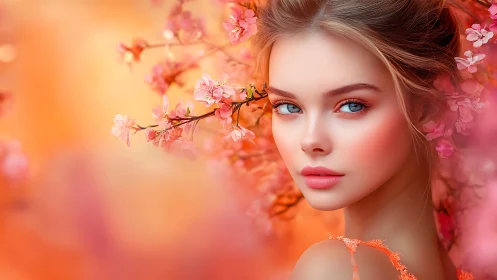 Female portrait with cherry blossoms on warm gradient background.